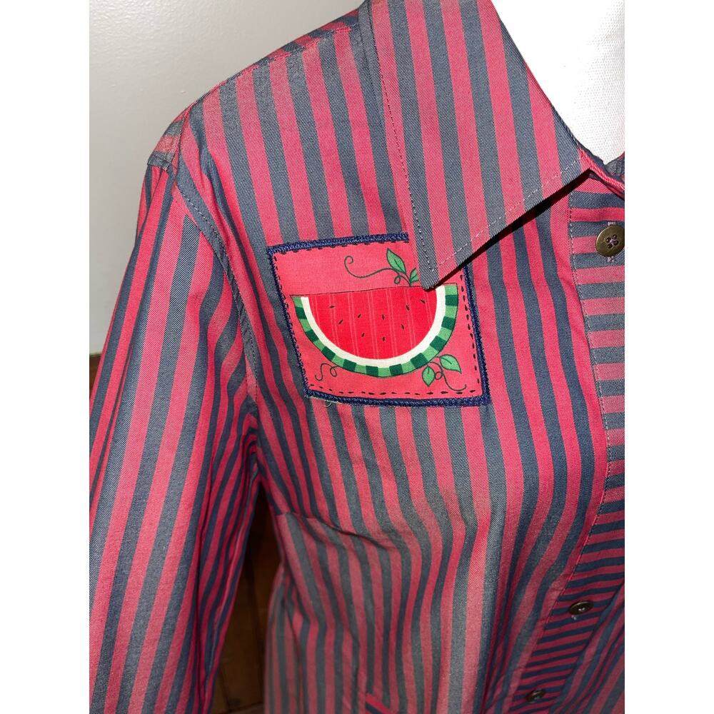 Womens Cabi Red Black Striped Button Down Regatta Shacket w/Patches Size M - Picture 2 of 10